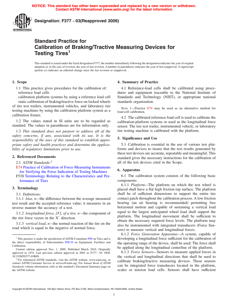 ASTM F377-03(2009) - Standard Practice for Calibration of Braking/Tractive Measuring Devices for Testing Tires