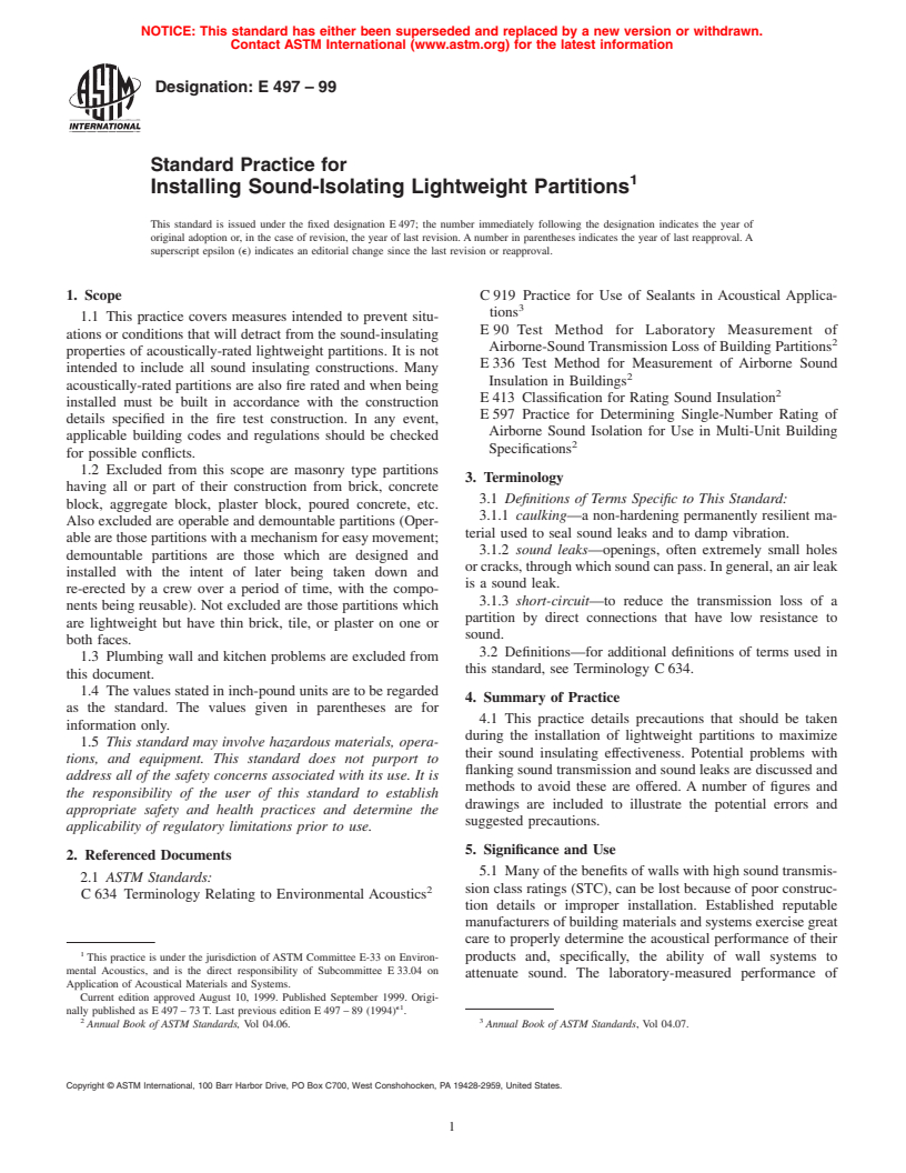 ASTM E497-99 - Standard Practice for Installing Sound-Isolating Lightweight Partitions (Withdrawn 2008)