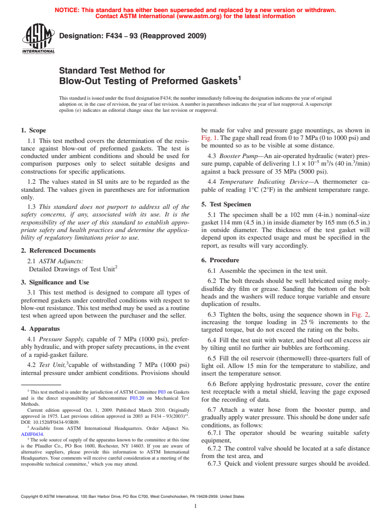 ASTM F434-93(2009) - Standard Test Method for Blow-Out Testing of Preformed Gaskets