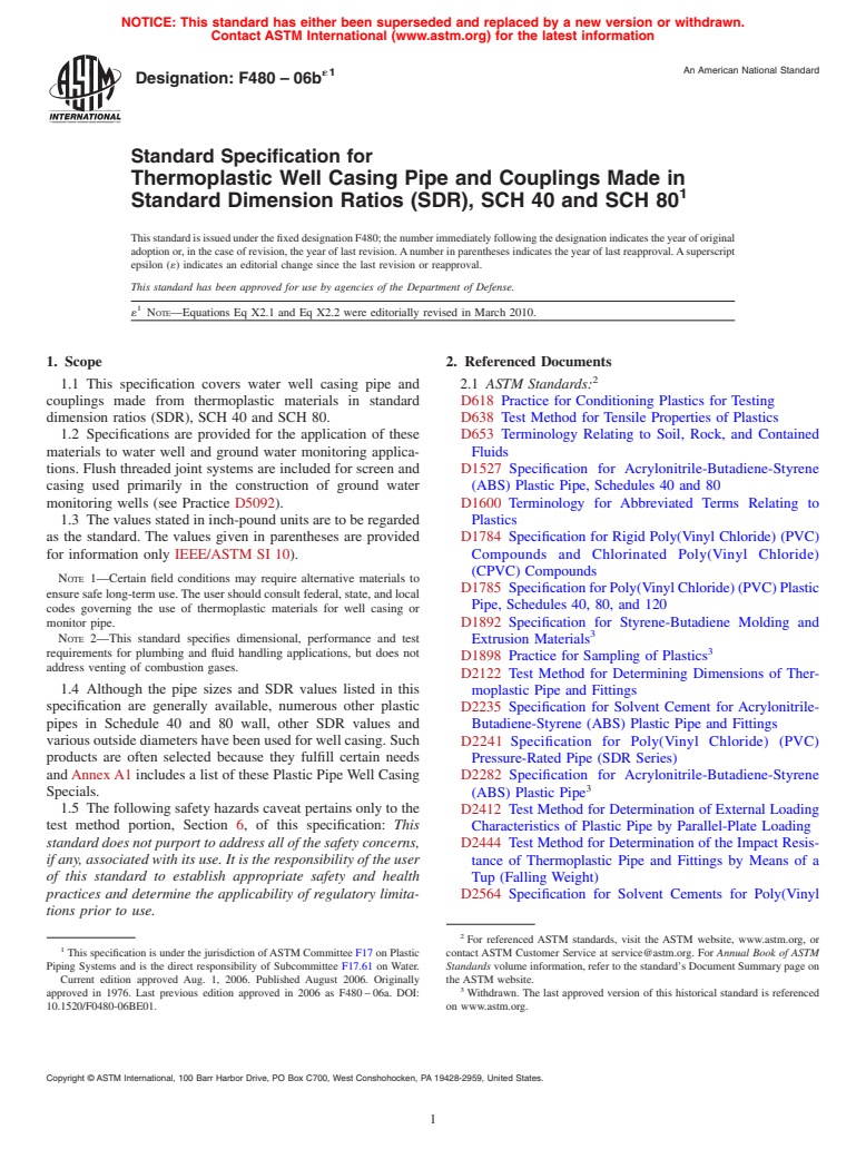 ASTM F480-06be1 - Standard Specification for Thermoplastic Well Casing Pipe and Couplings Made in Standard Dimension Ratios (SDR), SCH 40 and SCH 80