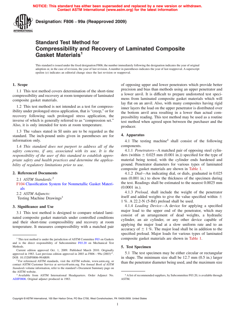 ASTM F806-99a(2009) - Standard Test Method for Compressibility and Recovery of Laminated Composite Gasket Materials