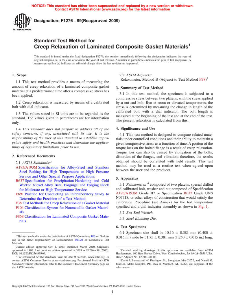 ASTM F1276-99(2009) - Standard Test Method for Creep Relaxation of Laminated Composite Gasket Materials