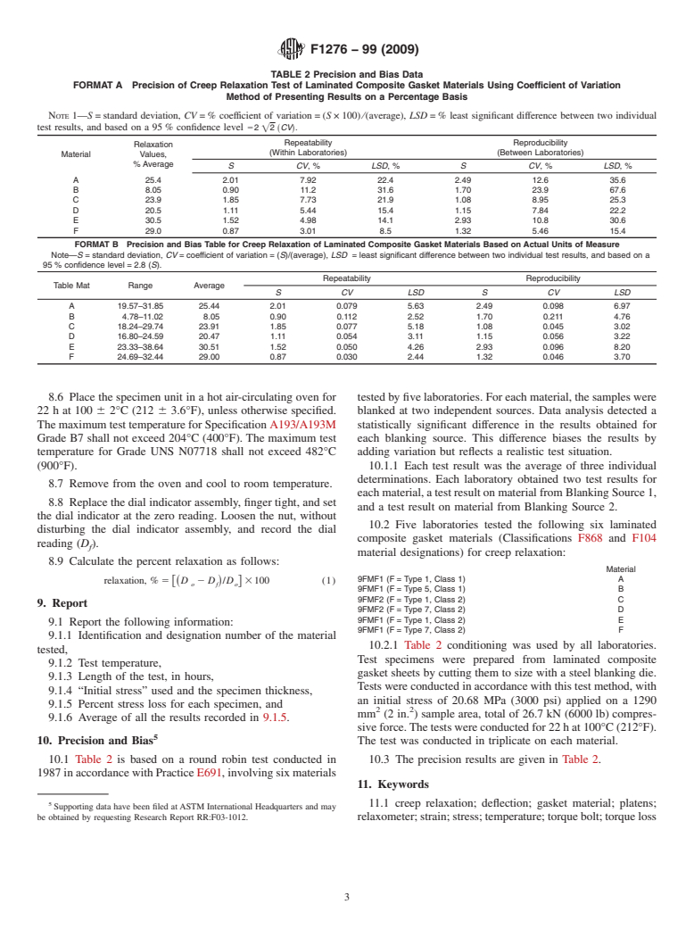 ASTM F1276-99(2009) - Standard Test Method for Creep Relaxation of Laminated Composite Gasket Materials