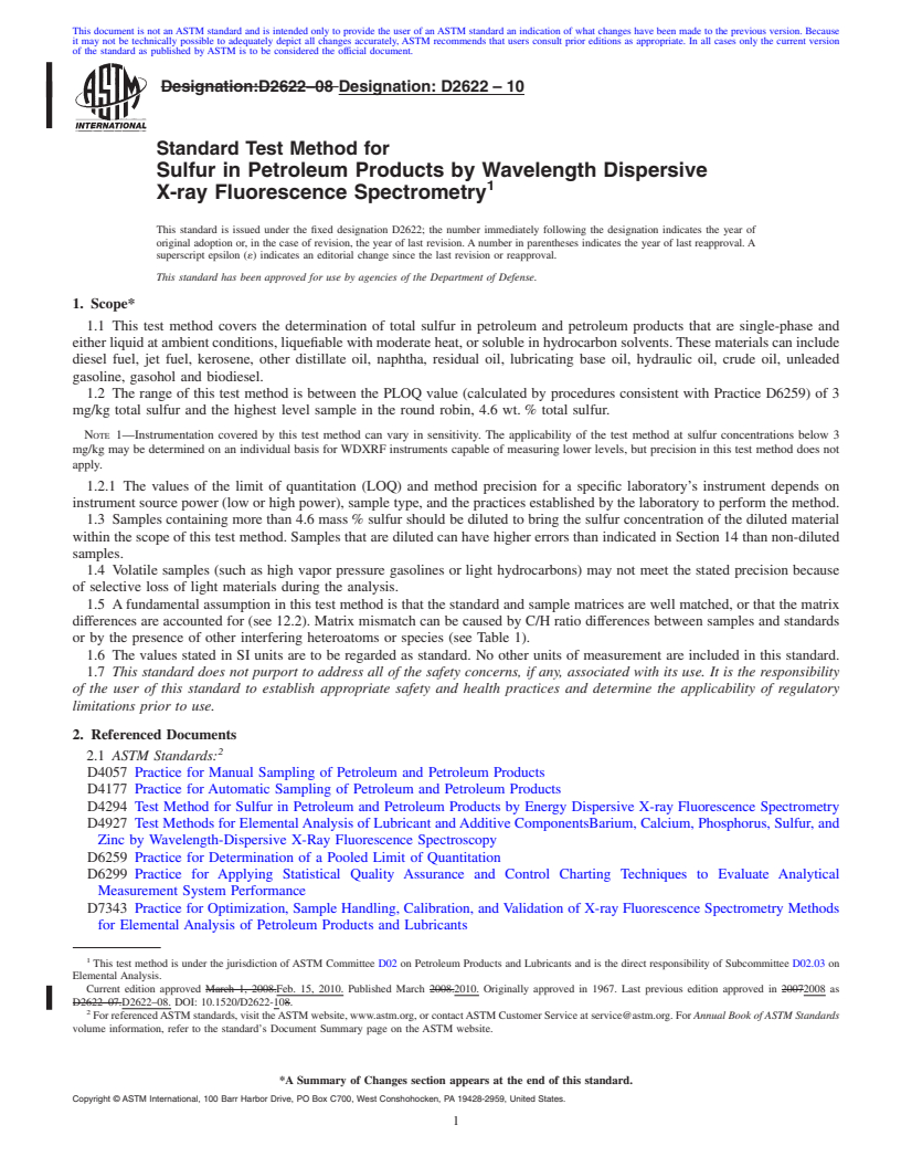 REDLINE ASTM D2622-10 - Standard Test Method for Sulfur in Petroleum Products by Wavelength Dispersive X-ray Fluorescence Spectrometry