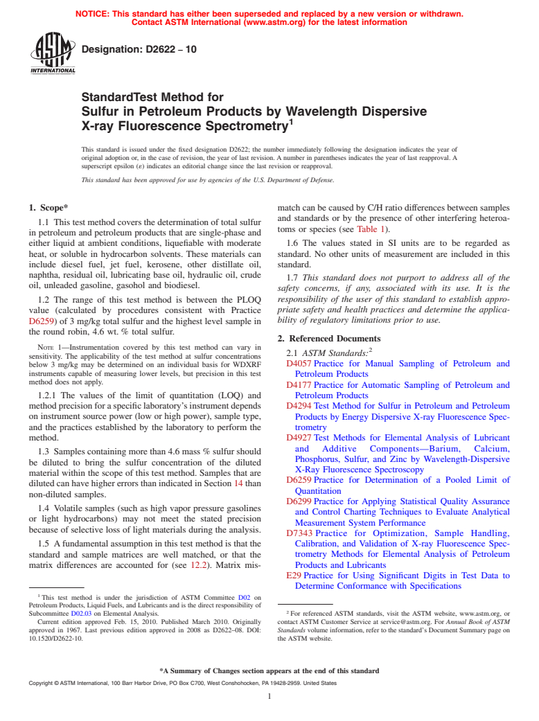 ASTM D2622-10 - Standard Test Method for Sulfur in Petroleum Products by Wavelength Dispersive X-ray Fluorescence Spectrometry