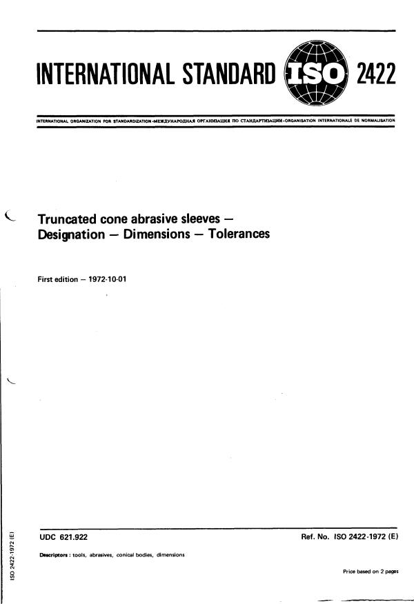 ISO 2422:1972 - Truncated cone abrasive sleeves — Designation ...