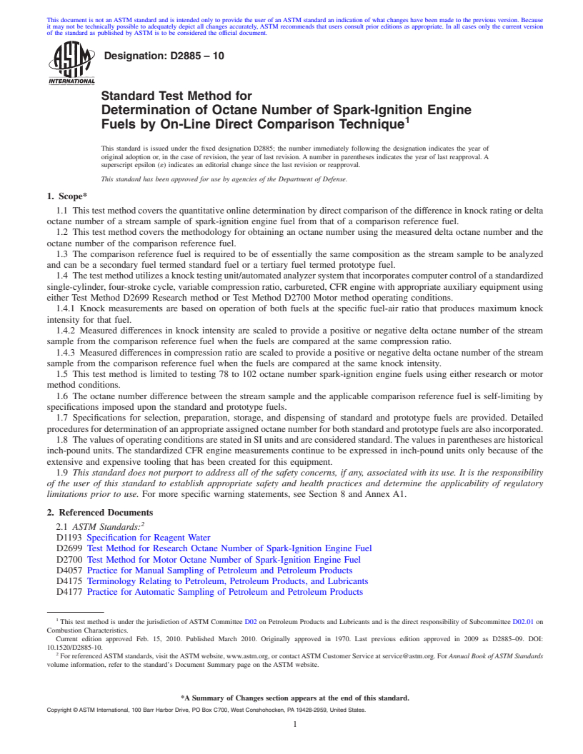 REDLINE ASTM D2885-10 - Standard Test Method for Determination of Octane Number of Spark-Ignition Engine Fuels by On-Line Direct Comparison Technique