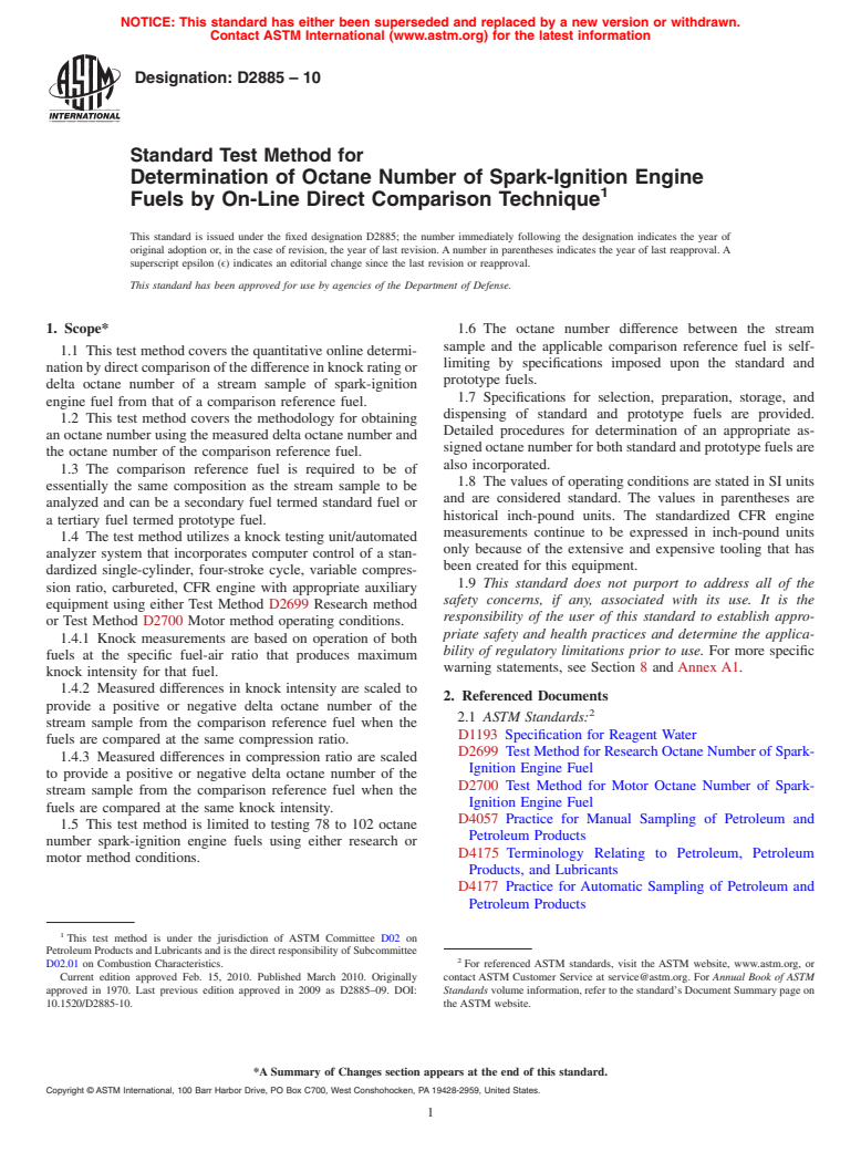 ASTM D2885-10 - Standard Test Method for Determination of Octane Number of Spark-Ignition Engine Fuels by On-Line Direct Comparison Technique