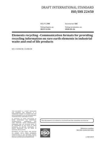 ISO/FDIS 22450:Version 24-apr-2020 - Recycling of rare earth elements -- Requirements for providing information on rare industrial waste and end-of-life products