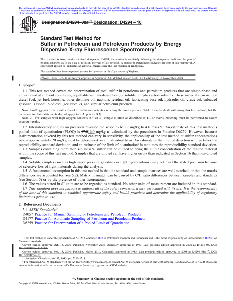 REDLINE ASTM D4294-10 - Standard Test Method for Sulfur in Petroleum and Petroleum Products by Energy Dispersive X-ray Fluorescence  Spectrometry