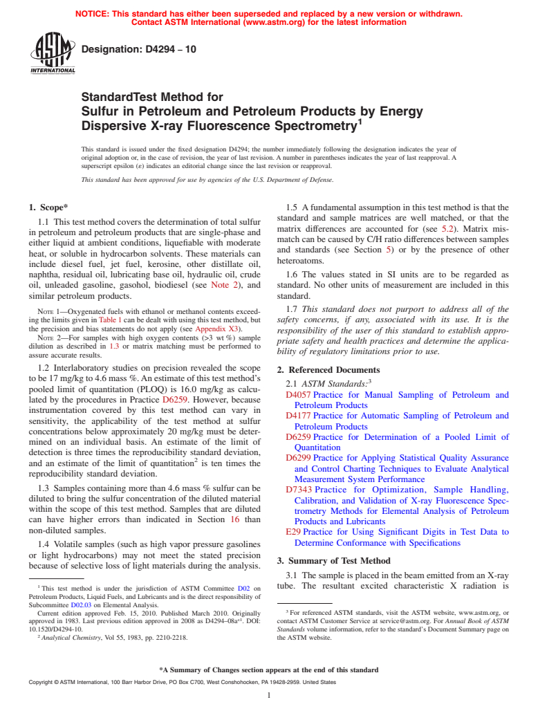 ASTM D4294-10 - Standard Test Method for Sulfur in Petroleum and Petroleum Products by Energy Dispersive X-ray Fluorescence  Spectrometry
