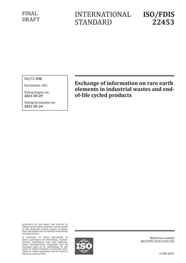 ISO/FDIS 22453:Version 27-mar-2021 - Exchange of information on rare earth elements in industrial wastes and end-of-life cycled products