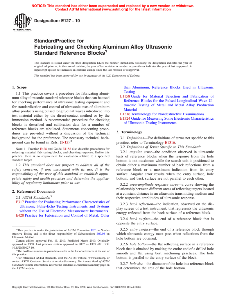 ASTM E127-10 - Standard Practice for  Fabricating and Checking Aluminum Alloy Ultrasonic Standard Reference Blocks