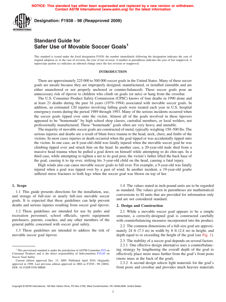 ASTM F1938-98(2009) - Guide for Safer Use of Movable Soccer Goals