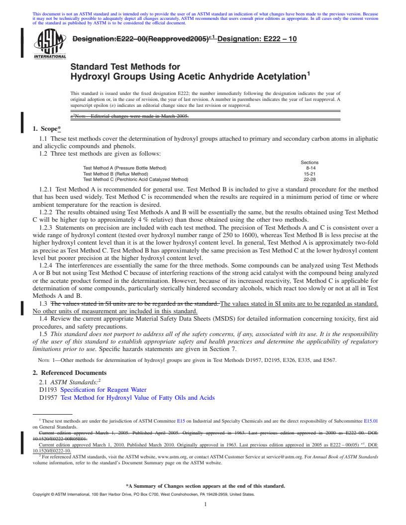 REDLINE ASTM E222-10 - Standard Test Methods for Hydroxyl Groups Using Acetic Anhydride Acetylation