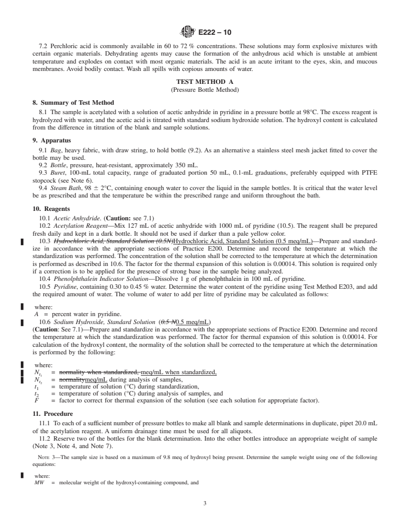 REDLINE ASTM E222-10 - Standard Test Methods for Hydroxyl Groups Using Acetic Anhydride Acetylation