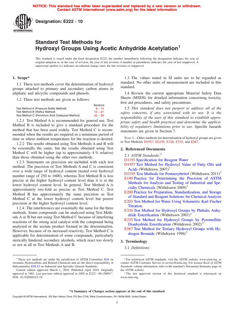 ASTM E222-10 - Standard Test Methods for Hydroxyl Groups Using Acetic Anhydride Acetylation