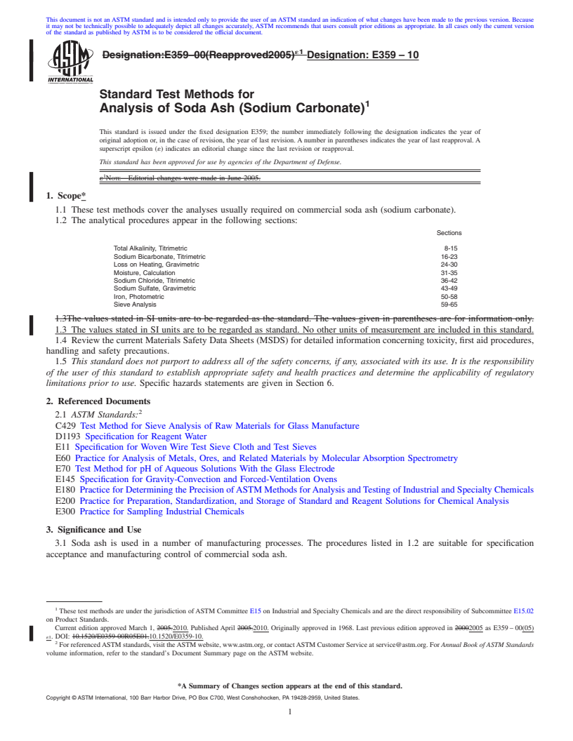 REDLINE ASTM E359-10 - Standard Test Methods for Analysis of Soda Ash (Sodium Carbonate)