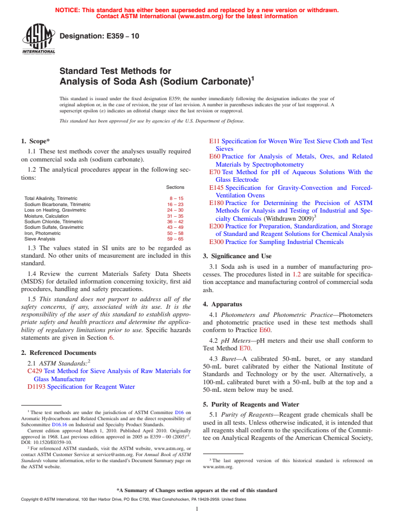 ASTM E359-10 - Standard Test Methods for Analysis of Soda Ash (Sodium Carbonate)