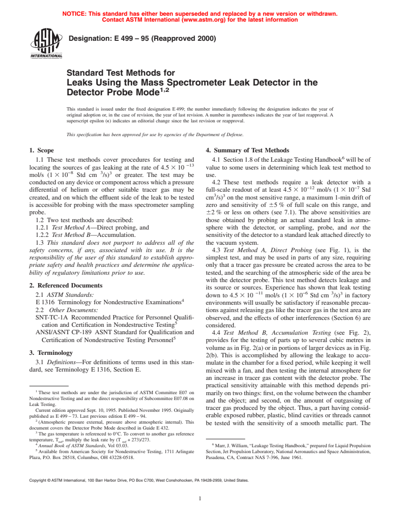 ASTM E499-95(2000) - Standard Test Methods for Leaks Using the Mass Spectrometer Leak Detector in the Detector Probe Mode