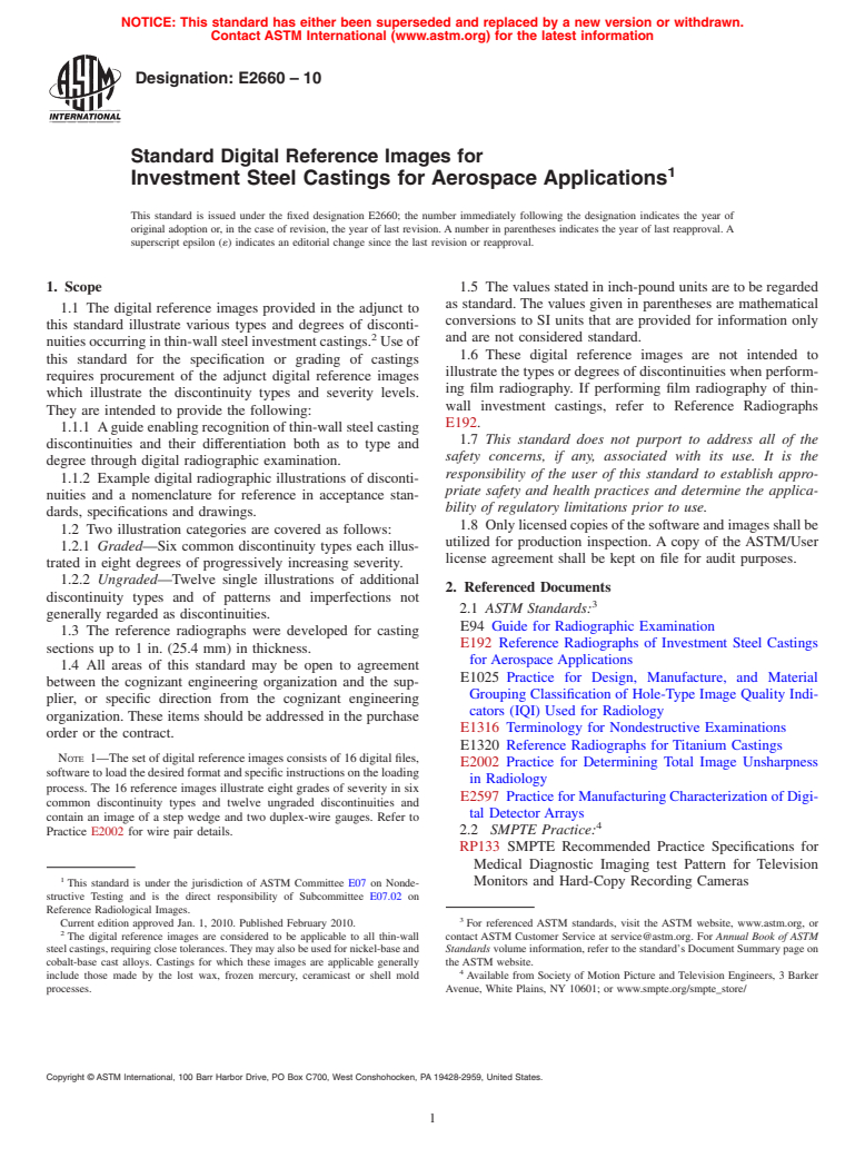 ASTM E2660-10 - Standard Digital Reference Images for Investment Steel Castings for Aerospace Applications