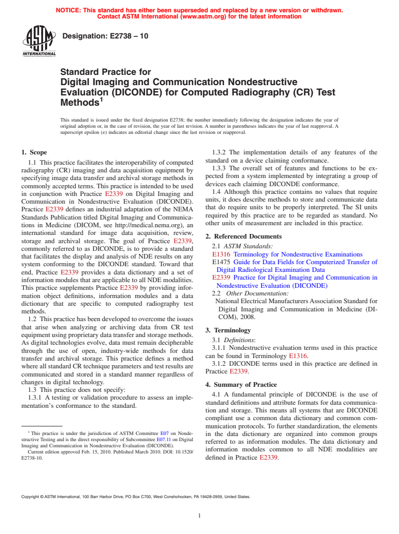 ASTM E2738-10 - Standard Practice for Digital Imaging and Communication Nondestructive Evaluation (DICONDE) for Computed Radiography (CR) Test Methods