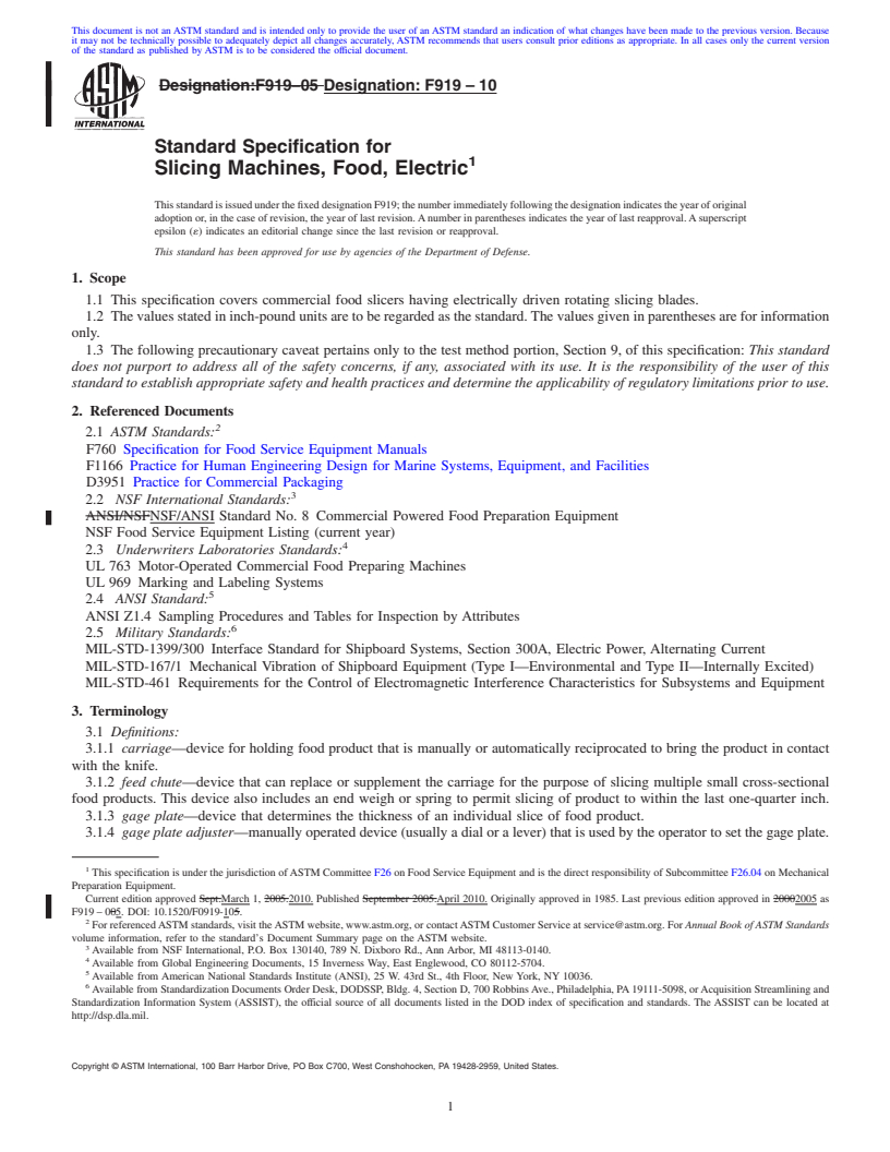 REDLINE ASTM F919-10 - Standard Specification for Slicing Machines, Food, Electric