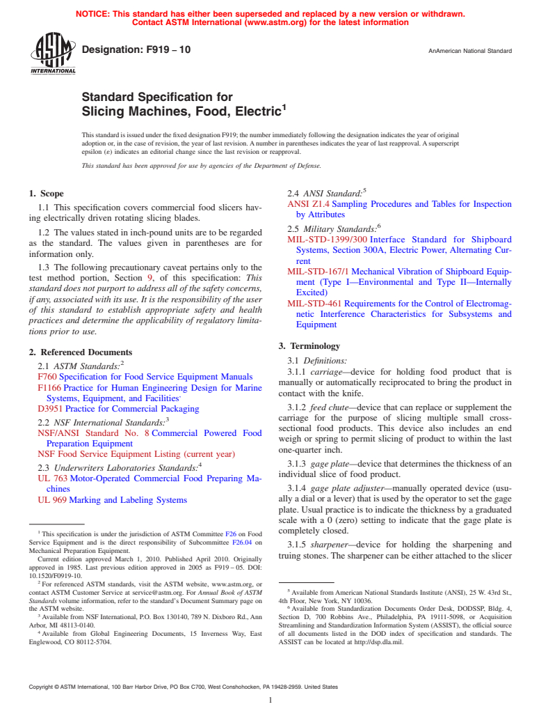 ASTM F919-10 - Standard Specification for Slicing Machines, Food, Electric