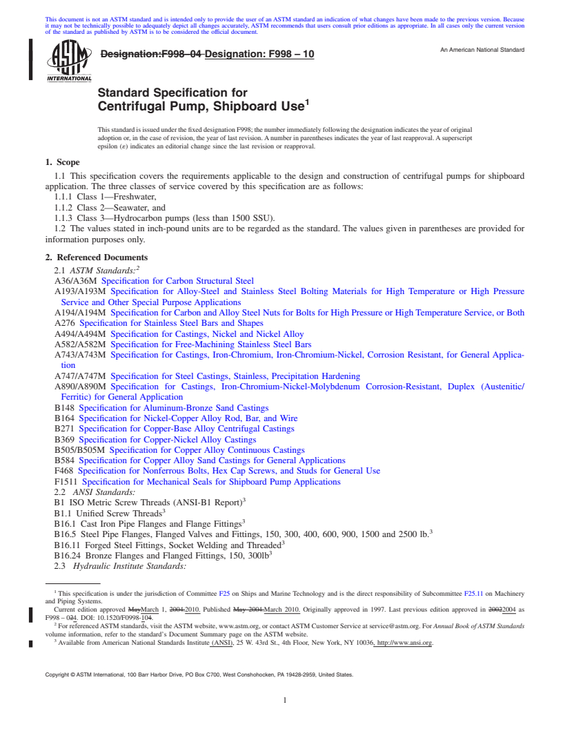 REDLINE ASTM F998-10 - Standard Specification for Centrifugal Pump, Shipboard Use