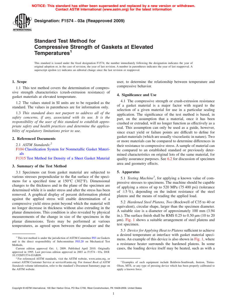 ASTM F1574-03a(2009) - Standard Test Method for Compressive Strength of Gaskets at Elevated Temperatures