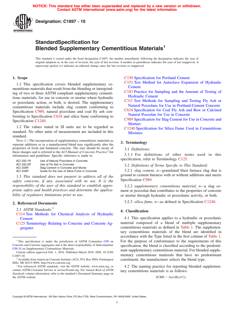 ASTM C1697-10 - Standard Specification for Blended Supplementary Cementitious Materials