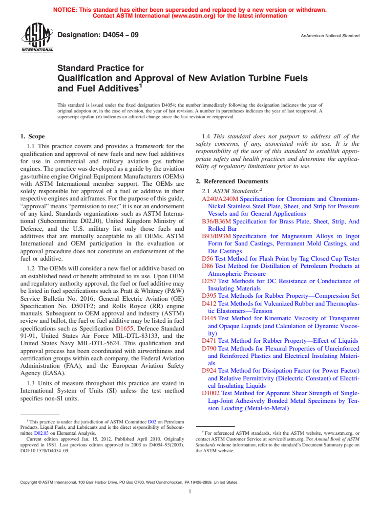 ASTM D4054-09 - Standard Practice for Qualification and Approval of New Aviation Turbine Fuels and Fuel Additives