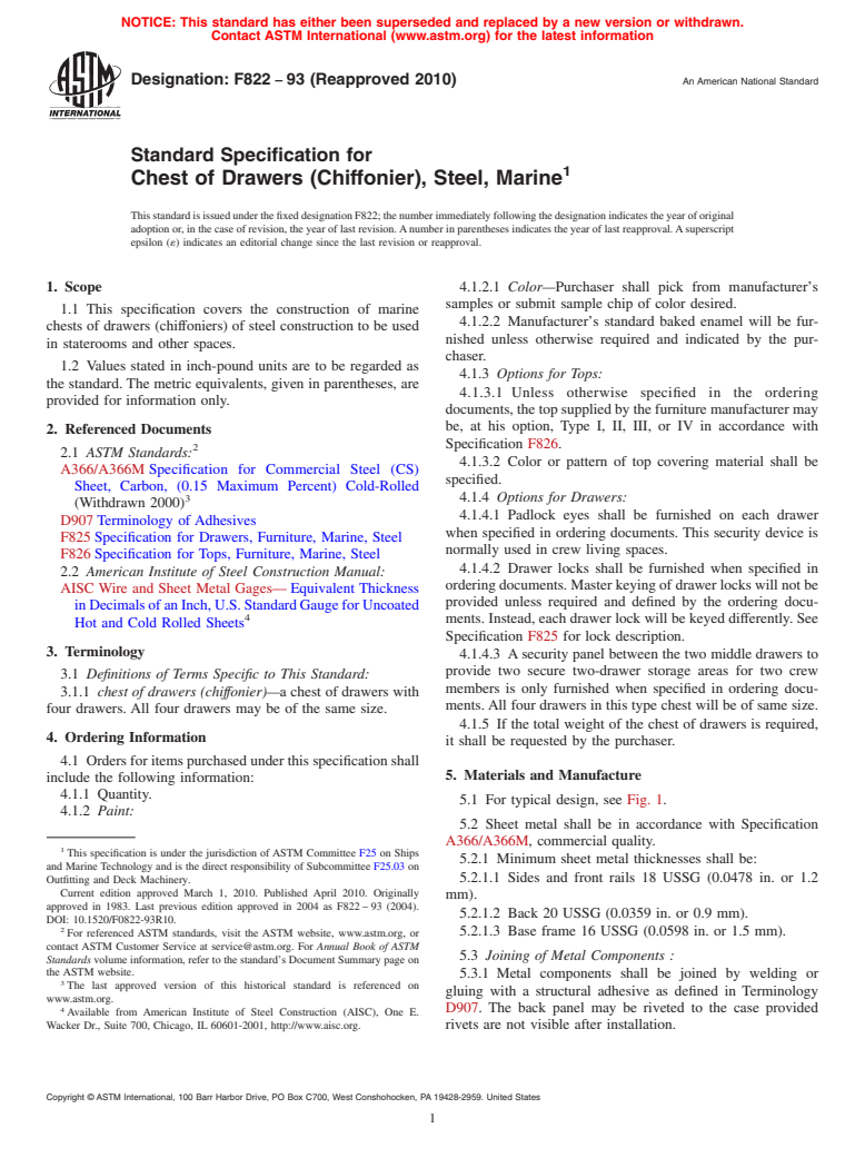 ASTM F822-93(2010) - Standard Specification for Chest of Drawers (Chiffonier), Steel, Marine