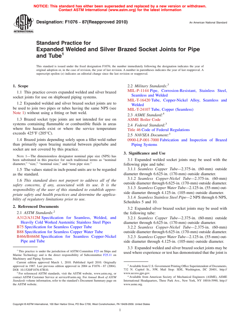 ASTM F1076-87(2010) - Standard Practice for Expanded Welded and Silver Brazed Socket Joints for Pipe and Tube