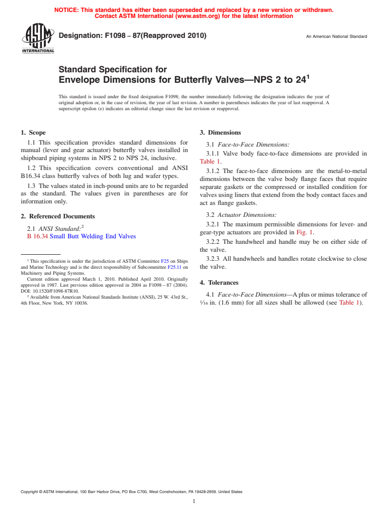 ASTM F1098-87(2010) - Standard Specification for Envelope Dimensions for Butterfly Valves-NPS 2 to 24