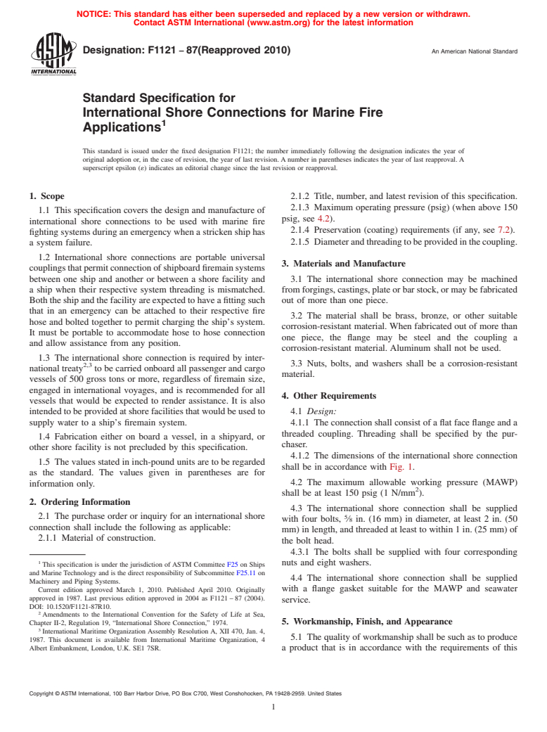 ASTM F1121-87(2010) - Standard Specification for International Shore Connections for Marine Fire Applications