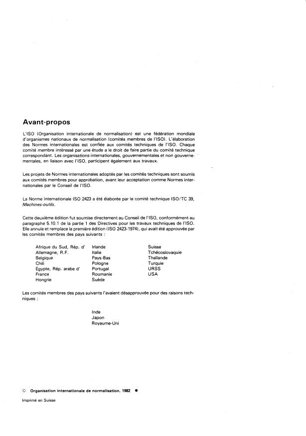 ISO 2423:1982 ISO 2423:1982 - Conditions de réception des machines a percer radiales a bras mobile en hauteur -- Contrôle de la précision - Page 2 preview