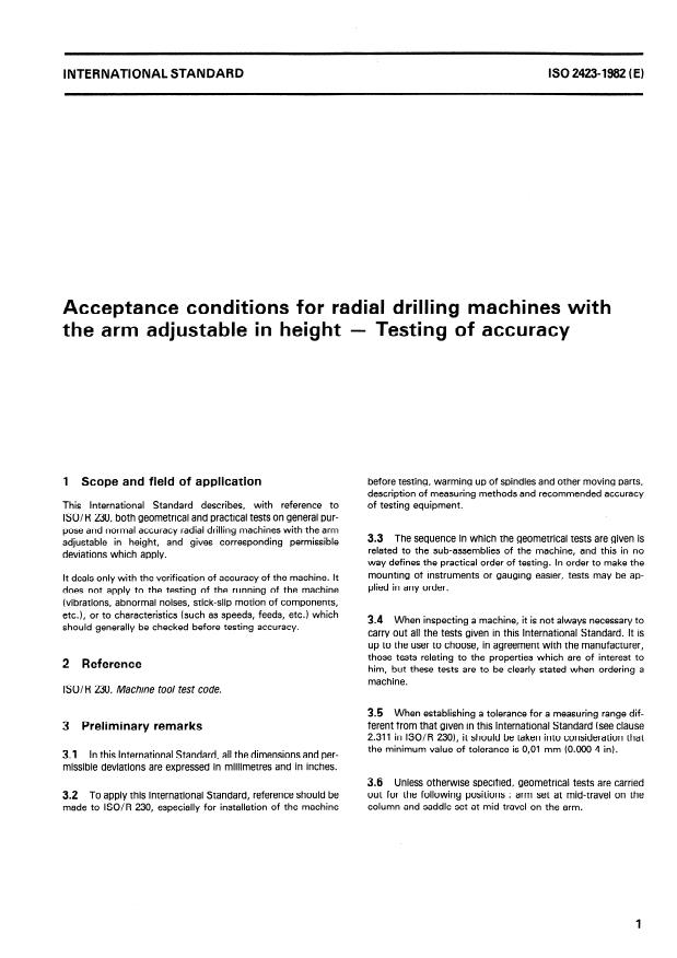 ISO 2423:1982 - Acceptance conditions for radial drilling machines with the arm adjustable in height -- Testing of accuracy