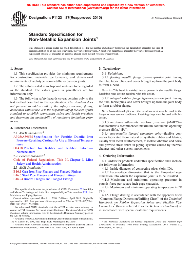 ASTM F1123-87(2010) - Standard Specification for Non-Metallic Expansion Joints