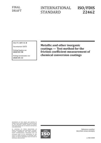 ISO/FDIS 22462 - Metallic and other inorganic coatings -- Test method for the friction coefficient measurement of chemical conversion coatings