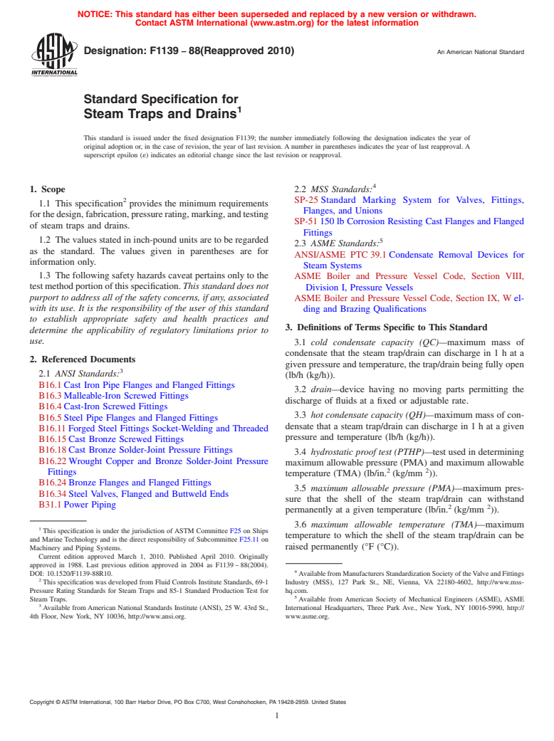 ASTM F1139-88(2010) - Standard Specification for Steam Traps and Drains