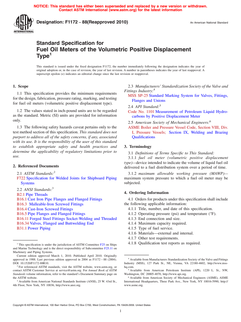 ASTM F1172-88(2010) - Standard Specification for Fuel Oil Meters of the Volumetric Positive Displacement Type