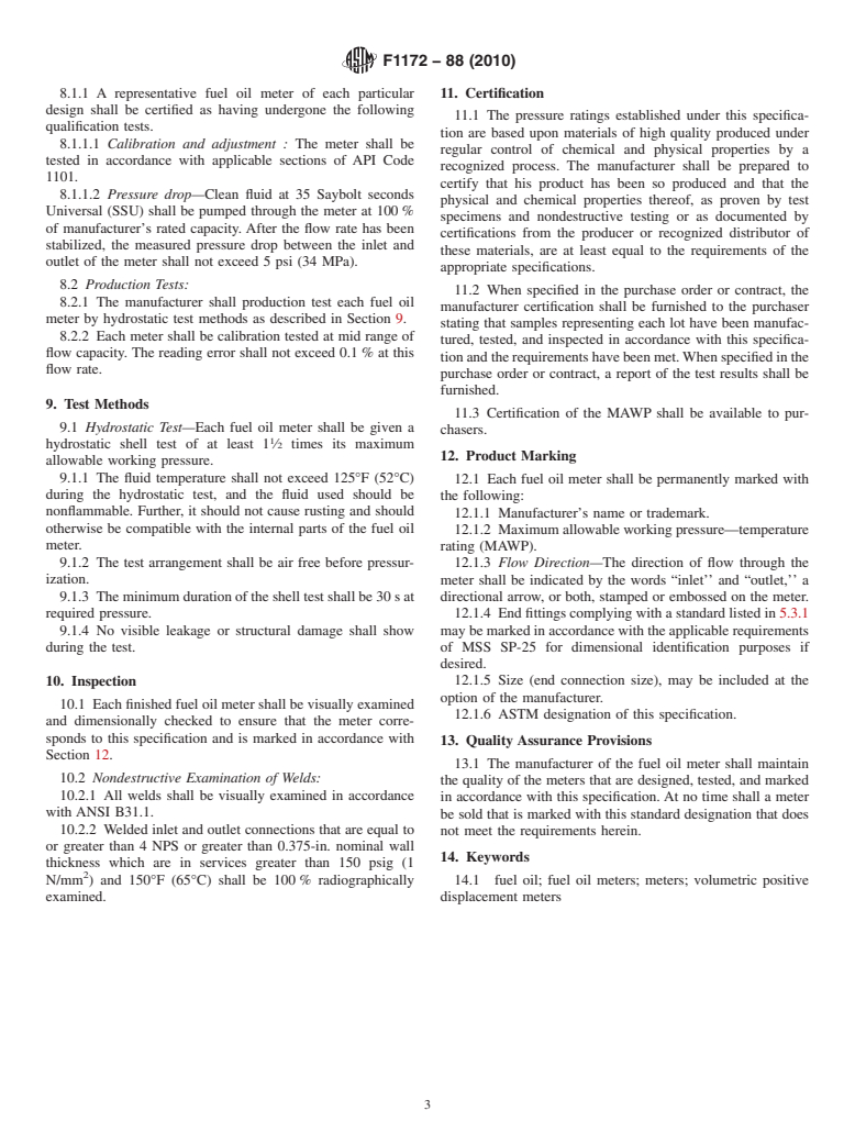 ASTM F1172-88(2010) - Standard Specification for Fuel Oil Meters of the Volumetric Positive Displacement Type