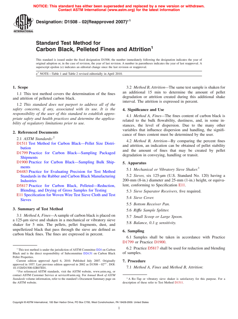 ASTM D1508-02(2007)e1 - Standard Test Method for Carbon Black, Pelleted Fines and Attrition