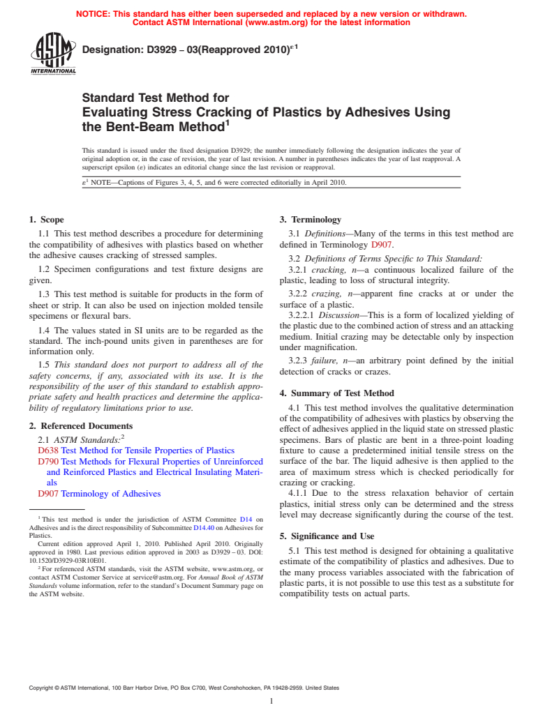 ASTM D3929-03(2010)e1 - Standard Test Method for Evaluating Stress Cracking of Plastics by Adhesives Using the Bent-Beam Method