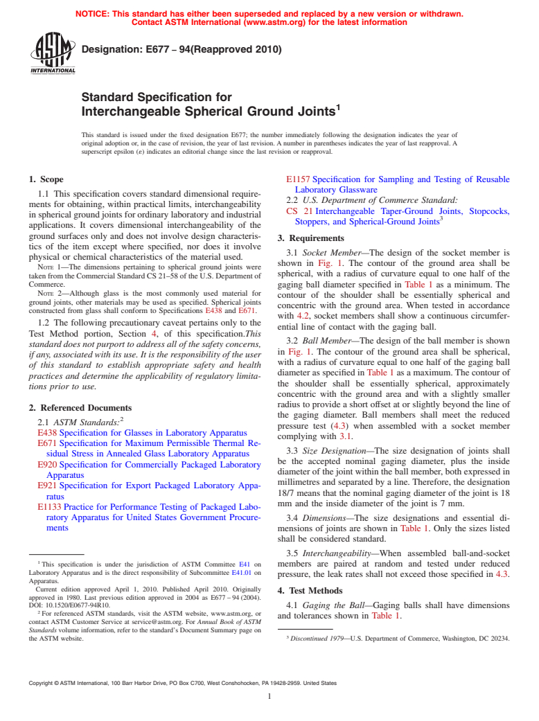 ASTM E677-94(2010) - Standard Specification for Interchangeable Spherical Ground Joints