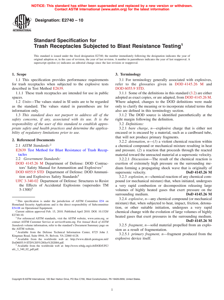 ASTM E2740-10 - Standard Specification for Trash Receptacles Subjected to Blast Resistance Testing