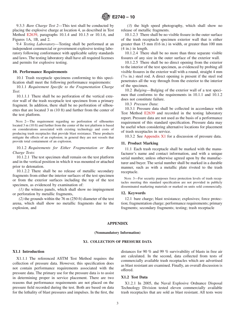 ASTM E2740-10 - Standard Specification for Trash Receptacles Subjected to Blast Resistance Testing