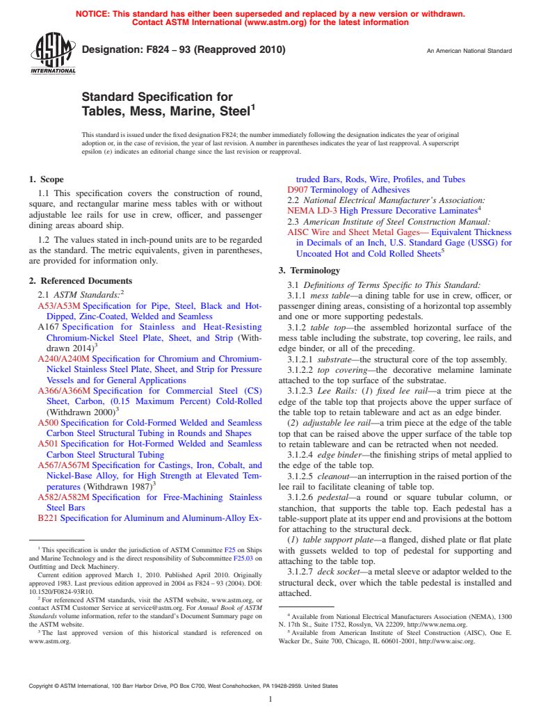 ASTM F824-93(2010) - Standard Specification for Tables, Mess, Marine, Steel