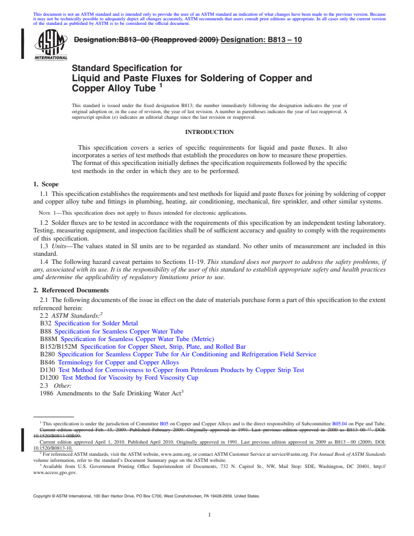 REDLINE ASTM B813-10 - Standard Specification for Liquid and Paste Fluxes for Soldering of Copper and Copper Alloy Tube